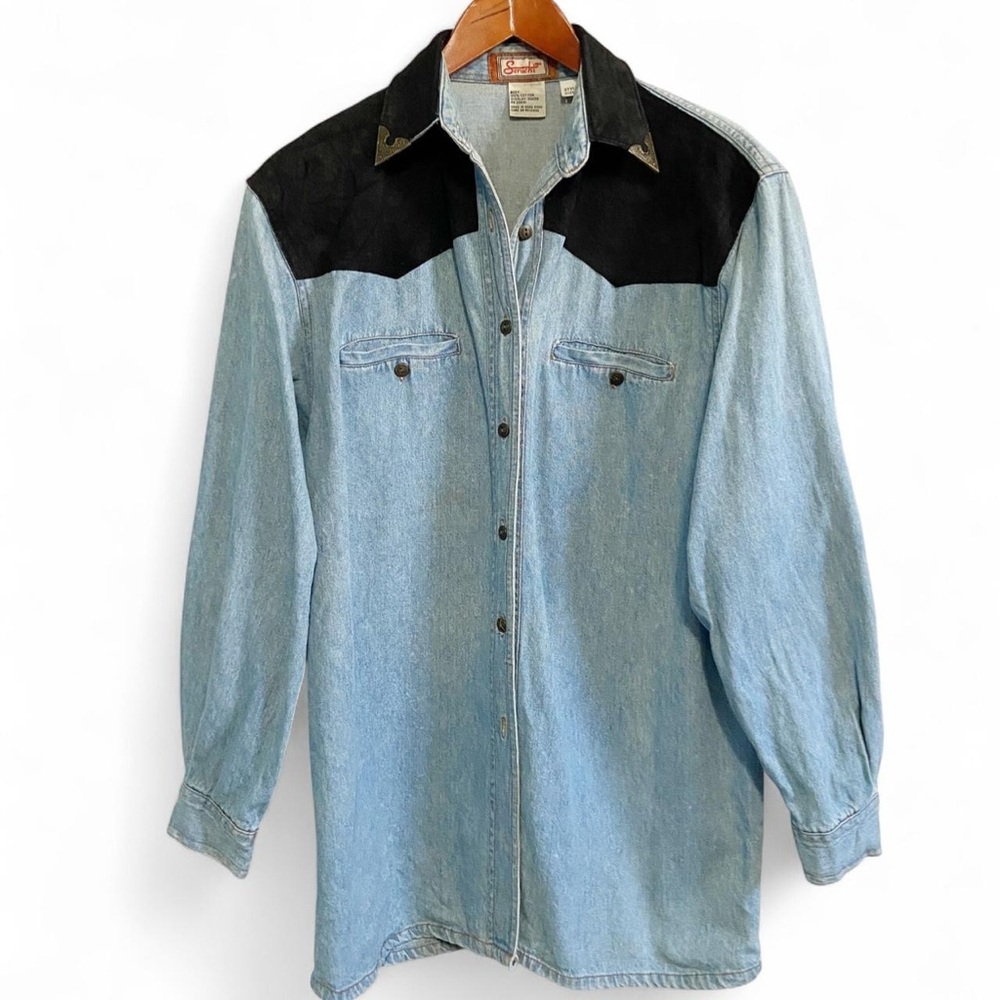 Vintage Western Denim Suede Metal Detailed Long Sleeve Button-Down Shirt